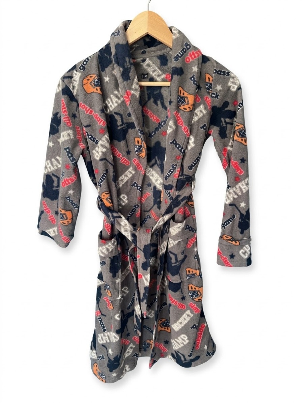 Boys Grey Fleece Hockey Print Bathrobe Size Medium M All Over Graphic Belted